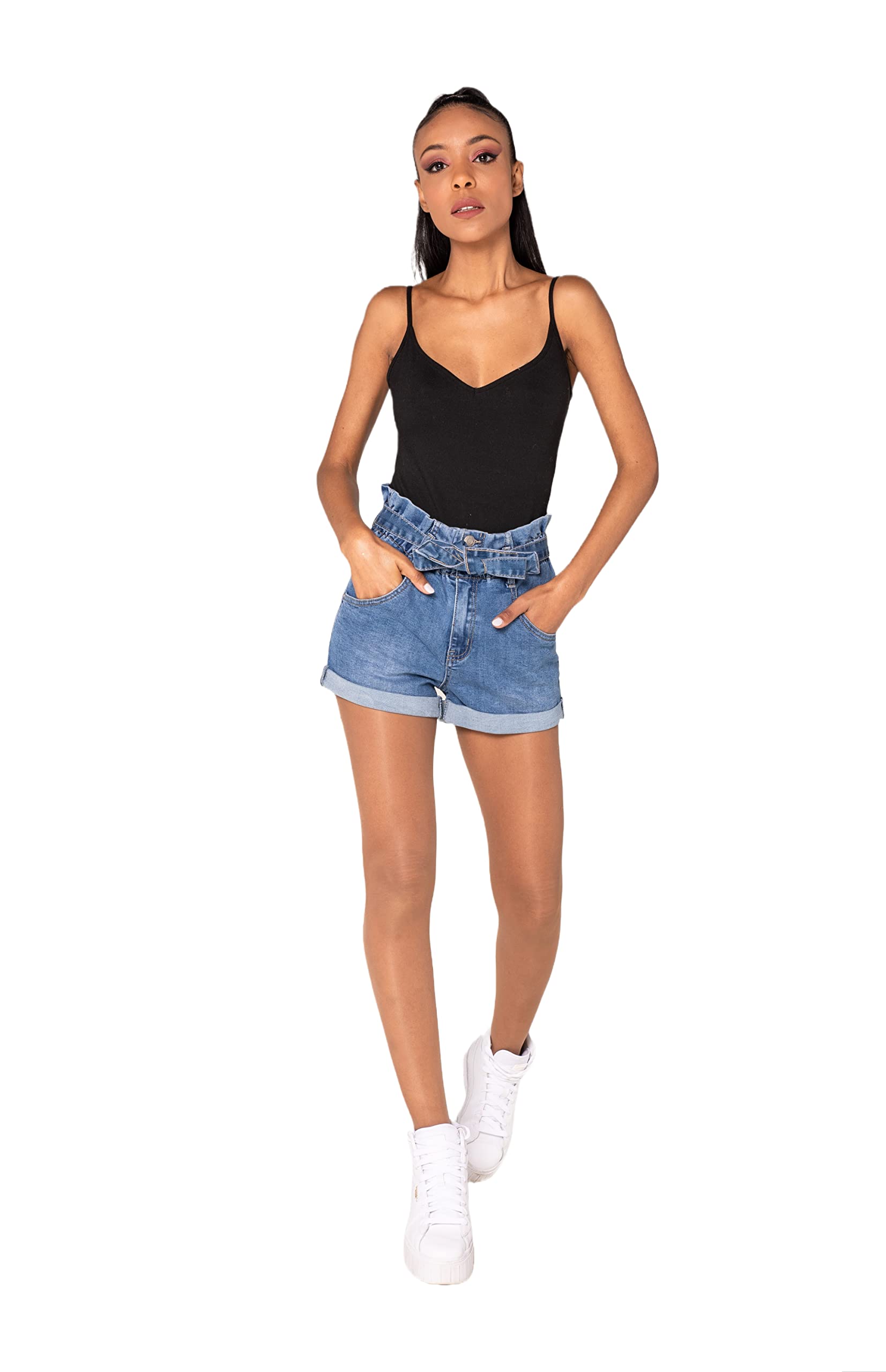 Nina Carter P203 Short en jean court pour femme Coupe trapèze Taille haute Aspect usé Short d'été