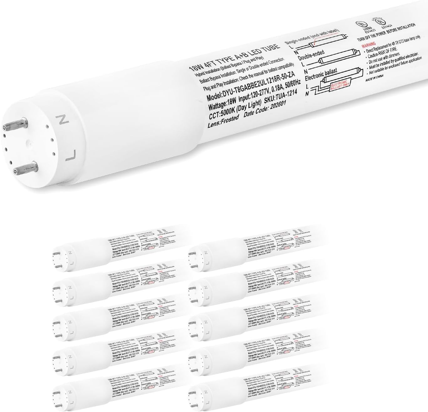 hykolity Solar Powered Shop Light with Motion Sensor 10 Pack 4FT LED T8 Hybrid Type A+B Light Tube