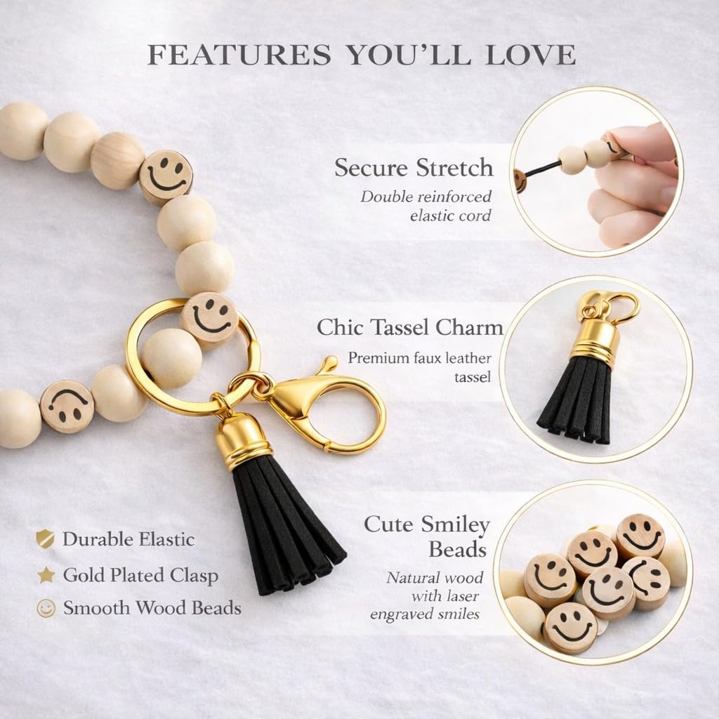 Tassel Smile Key Chain Bracelet for Women Wooden Happy Faces Beaded Key Chain Wristlet Keychain for Car Keys image 3
