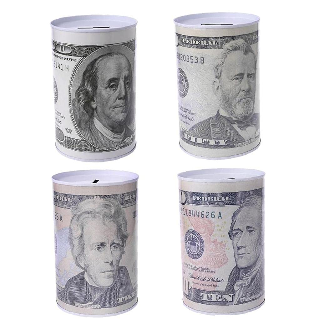 Pinicecore White Creative Euro Dollar Metal Cylinder Piggy Bank Saving Money Box Home Decoration