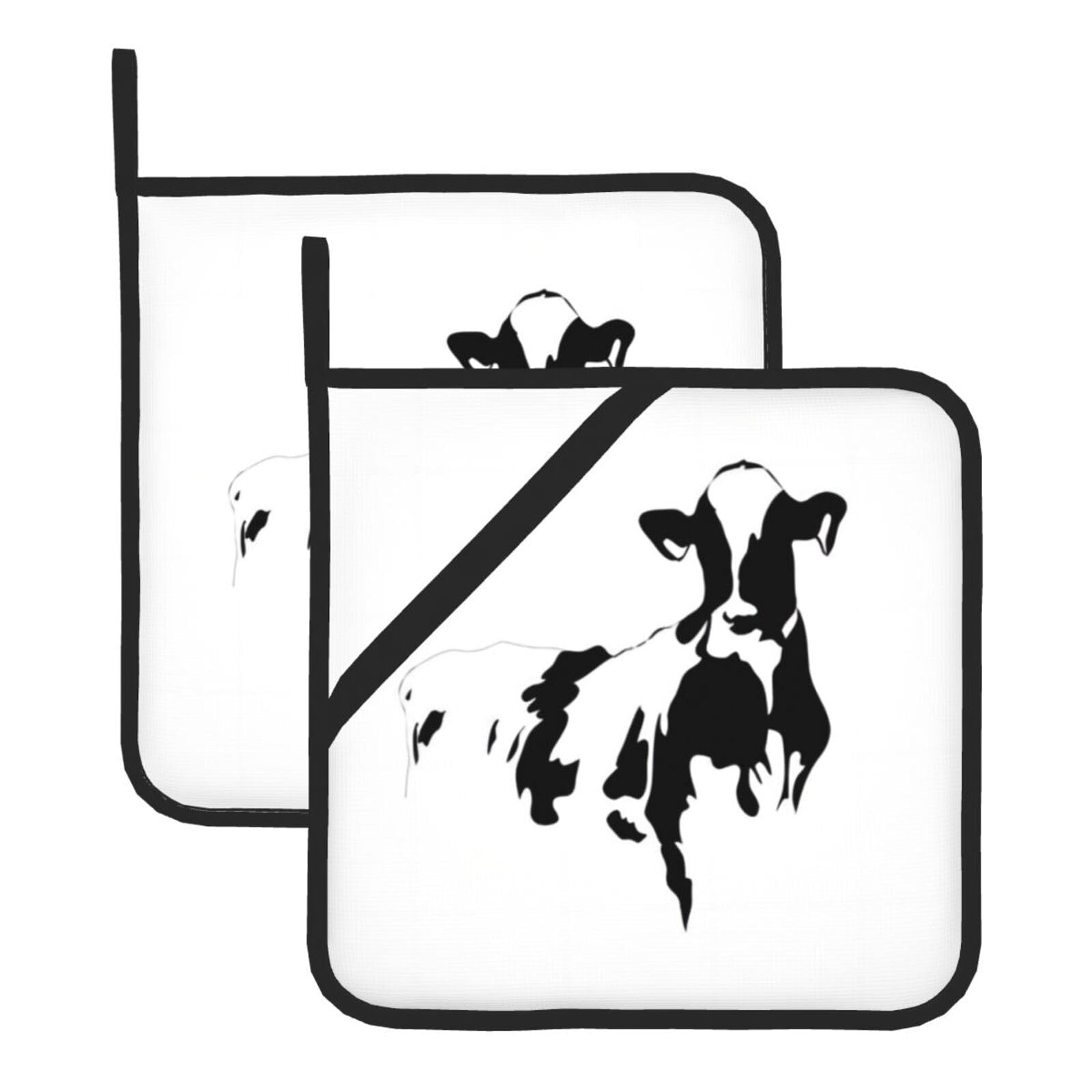 YYHWHJDE Cow In Black And White Prints Square Hot Pads for Kitchen Counter - Waterproof Pot Holders with Hanging Loop, Durable Trivets for Microwave Oven - 2 Pack