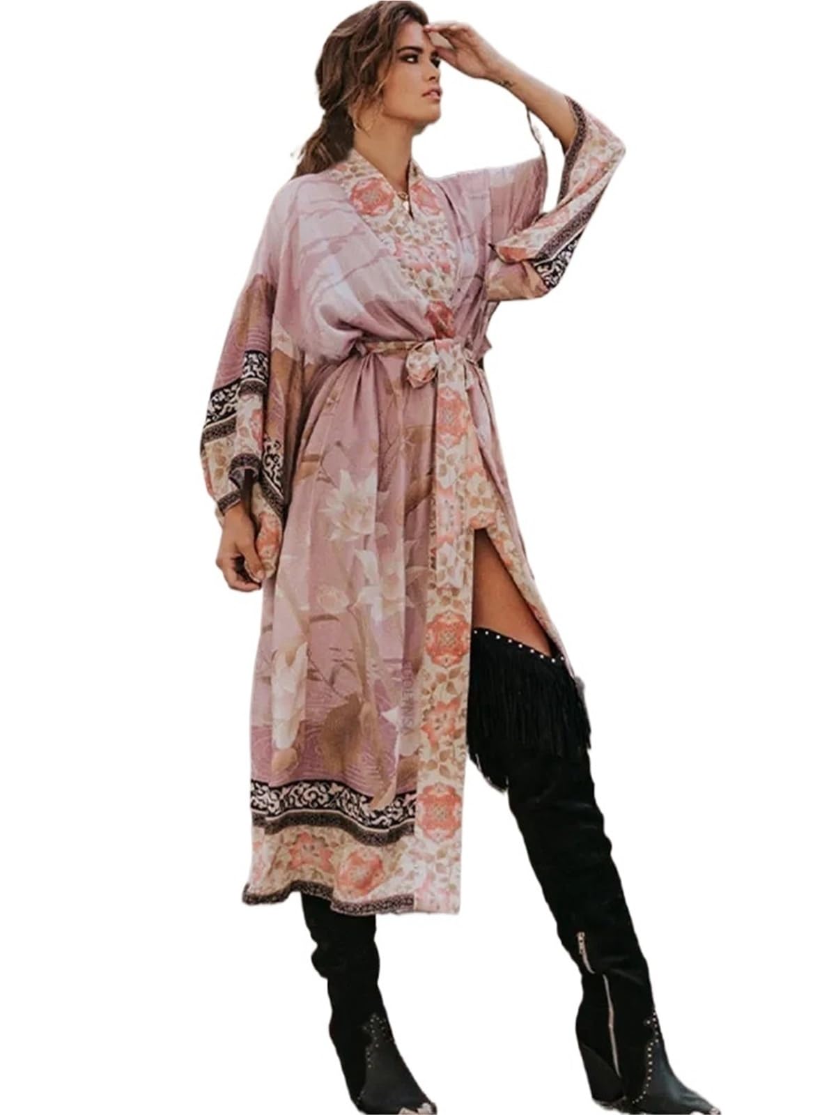 Pareo Femme Plage Robe Longue Kimono Rose avec Ceinture Auto-Ouverte sur Le Devant, Tunique de Plage for Femmes, Cover-Up for Maillot Bain