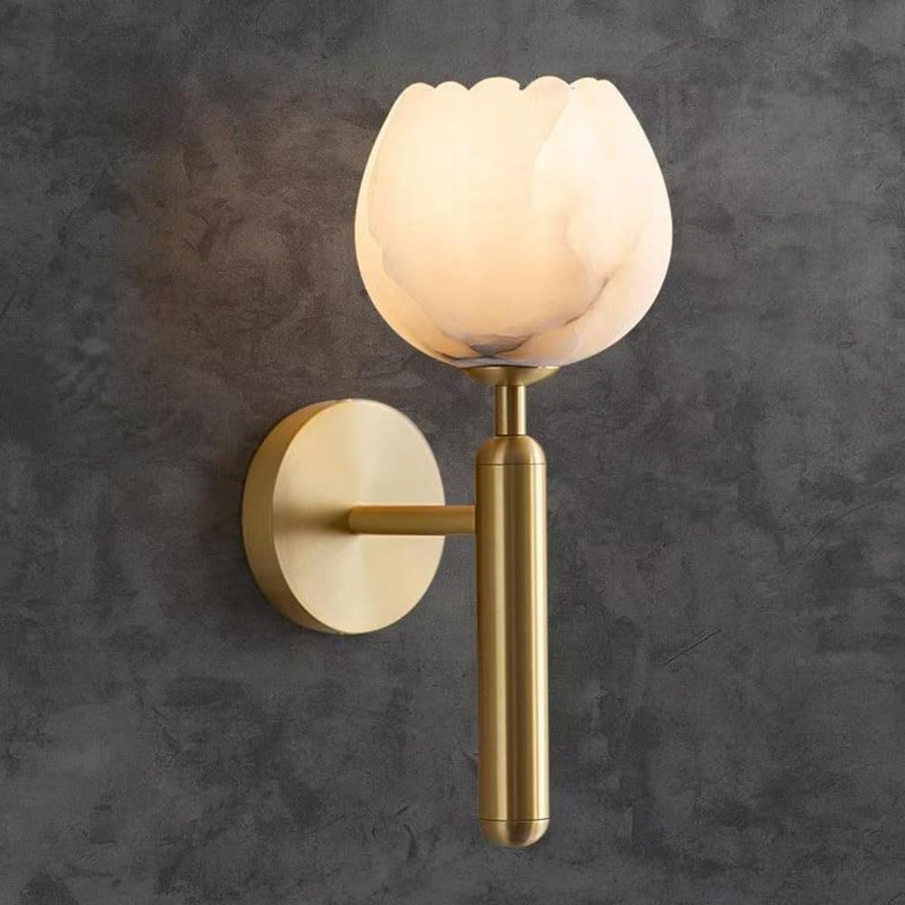 FEITENGDA Nordic Flower Bud Shaped Marble Wall Sconce Modern Minimalist All Copper Wall Lamp Interior Background Decor Wall Light Fixture for Porch Living Room Bedroom