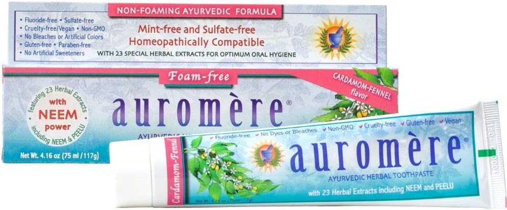 Auromere Ayurvedic Herbal Toothpaste, Cardamom Fennel, Foam Free - Vegan, Natural, Non GMO, SLS Free, Fluoride Free, Gluten Free, with Neem & Peelu (4.16 oz), 3 Pack