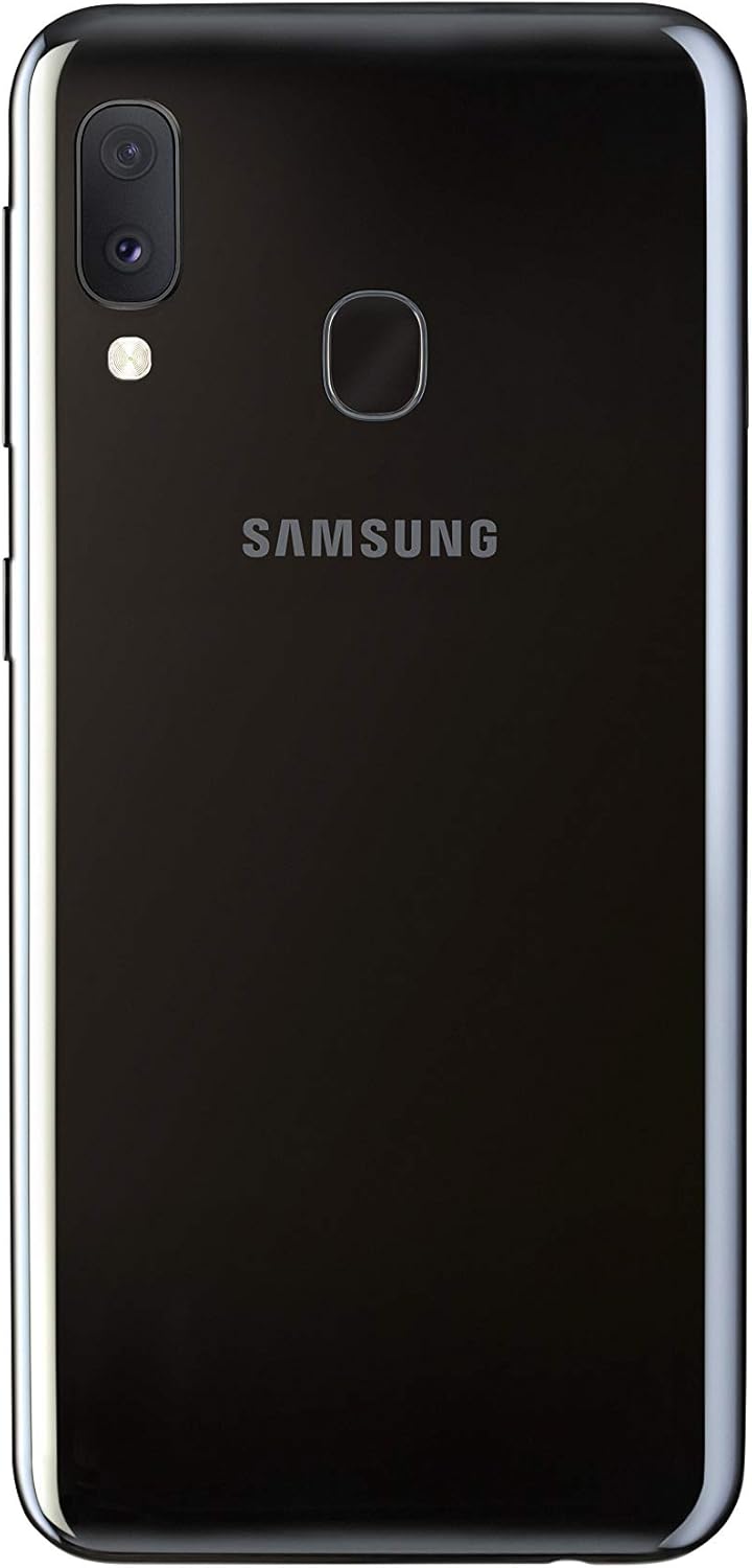 Samsung Galaxy A20e smartphone with included accessories: charger, USB-C cable, and headphones.
