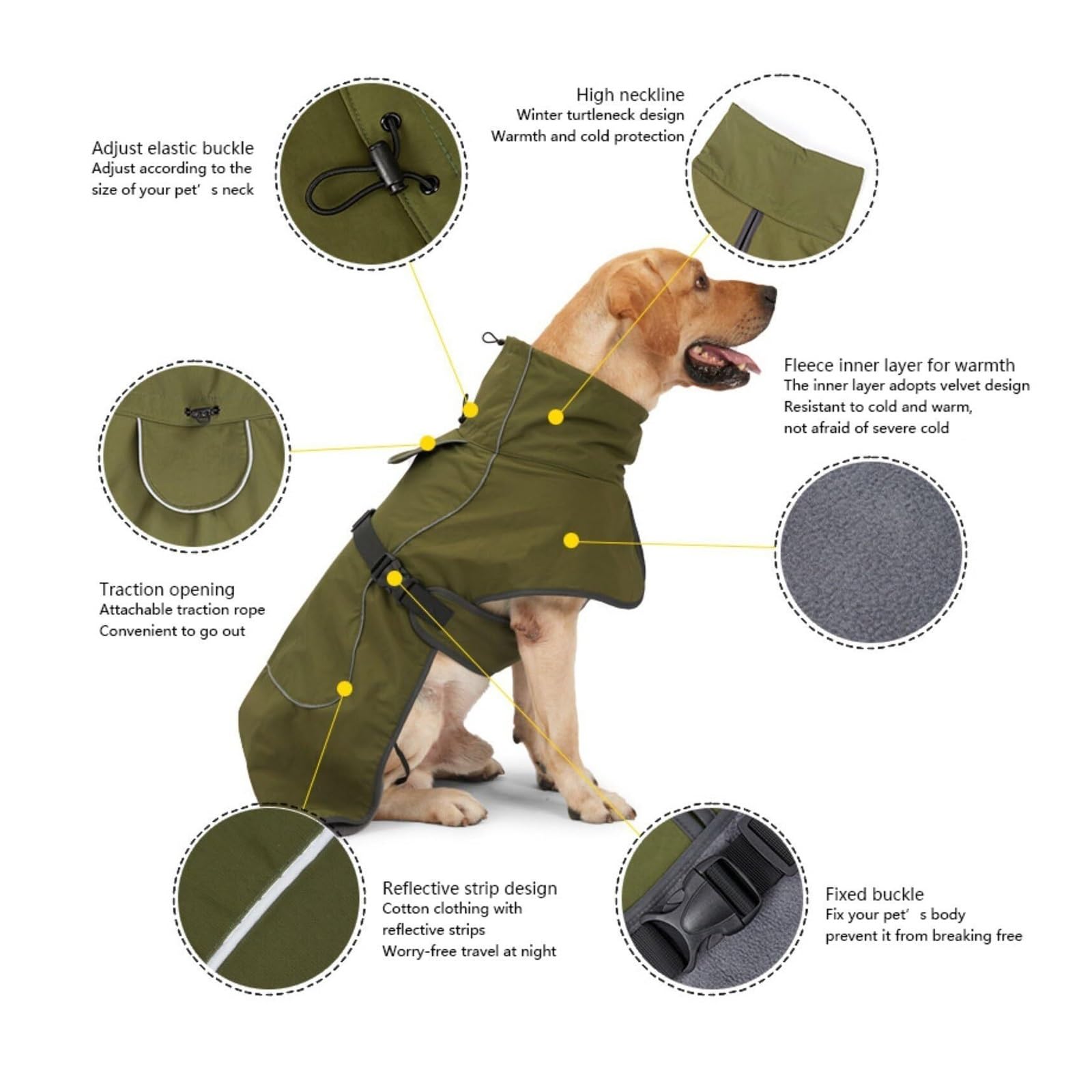 Manteau d'hiver imperméable et réfléchissant pour chien, doublure en polaire et résistant au froid avec col haut réglable pour chiens de grande taille (vert, XL)