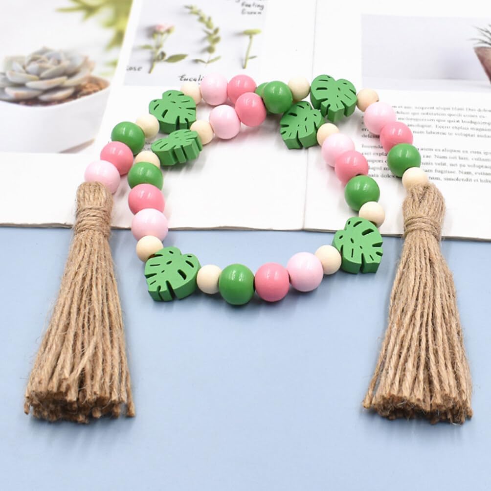 SUPVOX Wood Bead Garland, 2pcs Wooden Beads with Tassel Palm Leaf Farmhouse Beads Rustic Prayer Beads Boho Beads for Tiered Tray Coffee Table Mantel Shelf Decor