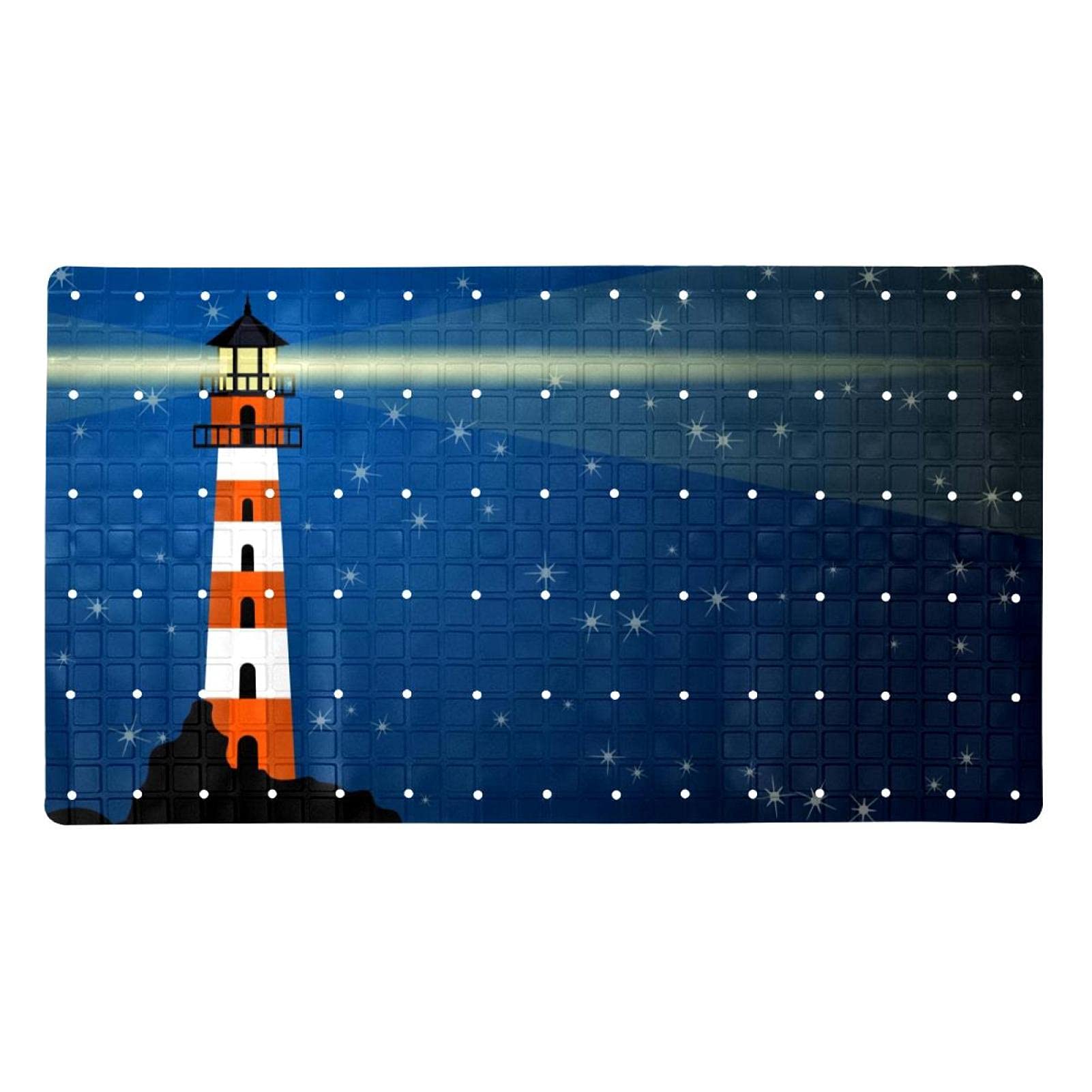 Tapis de bain antidérapant bleu en PVC rectangulaire avec motif phare nautique pour la douche