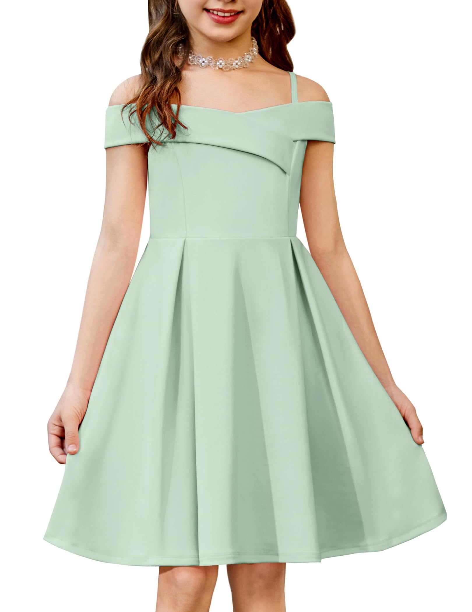 Arshiner Girls Summer Dress Off Shoulder Fold Pleated Formal Elegant A-Line Party Dresses with Pocket — view 13