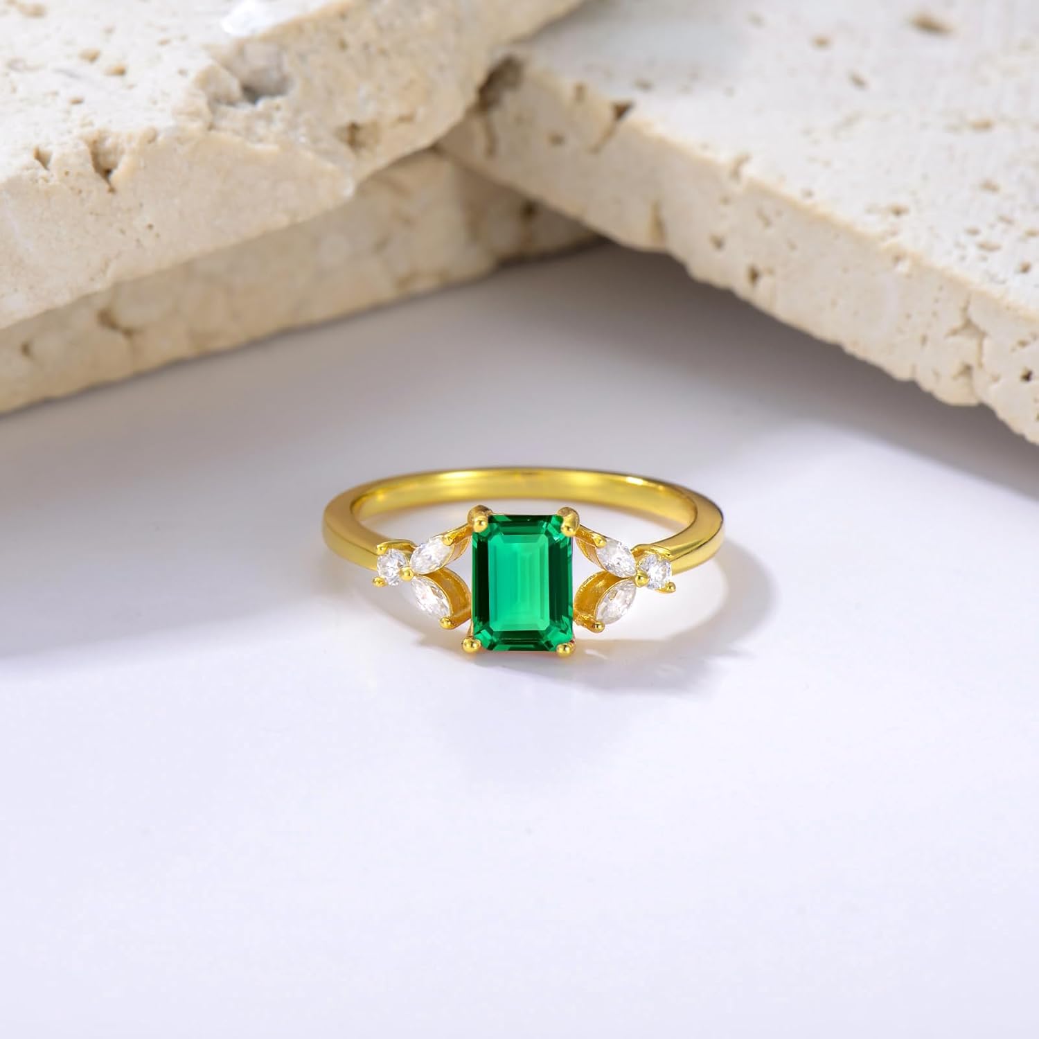 1CT Emerald Cut Gemstone Rings for Women 10K 14K 18K Gold Gemstone and Moissanite Ring Promise Engagement Wedding Anniversary Ring for Her Size 4-15