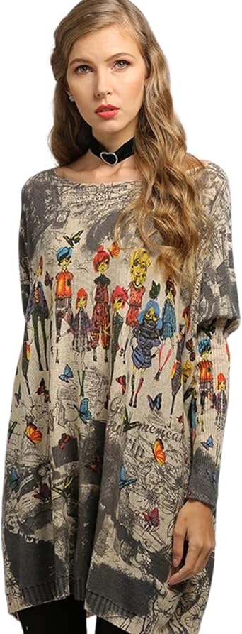 Women Sweater Oversized Cartoon Pictures Printing Pullover Sweaters-Crewneck Casual Long Sleeve Knit Top Grey