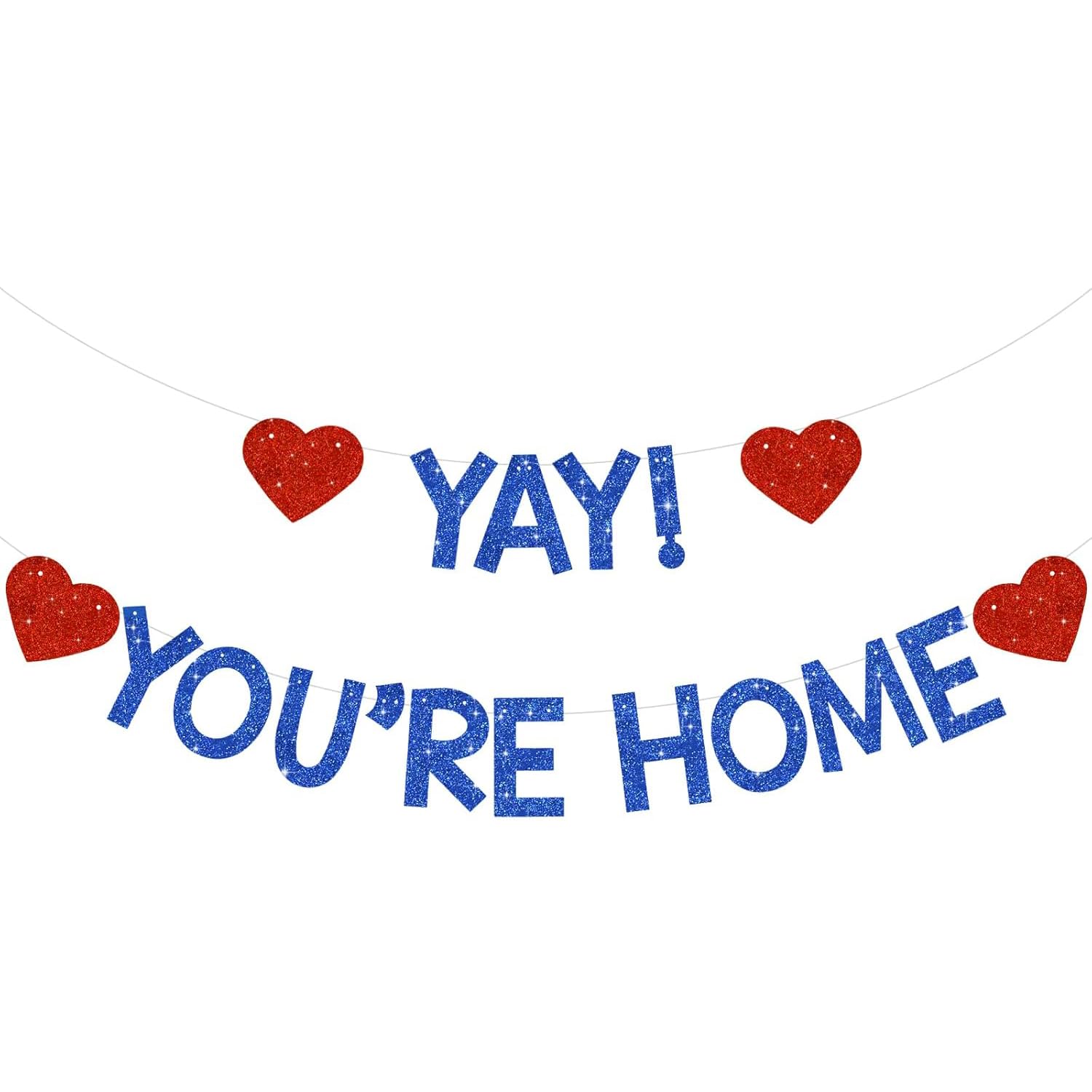 Blue Glitter Yay! You're Home! Banner With Heart,NO DIY,Welcome Home Party Decorations Family Gathering Sign Back to School Events Garland Funny Military Homecoming Party Supplies (Blue)