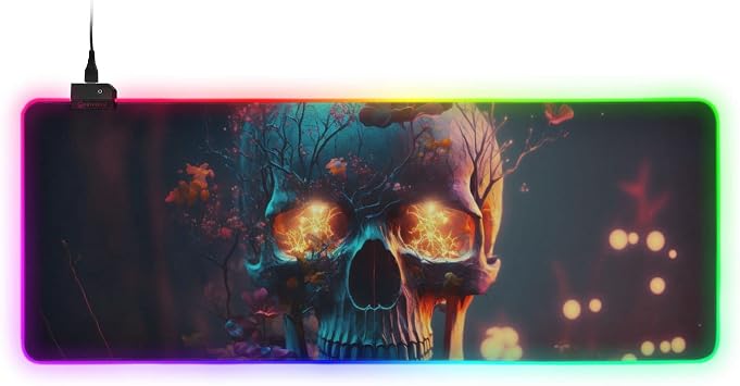 RGB Gaming Mouse Pad Evil Skull Skeleton, Large Gaming Desk Mat with Multiple Light Modes Anti Slip Rubber Base for Gamer 2 Size