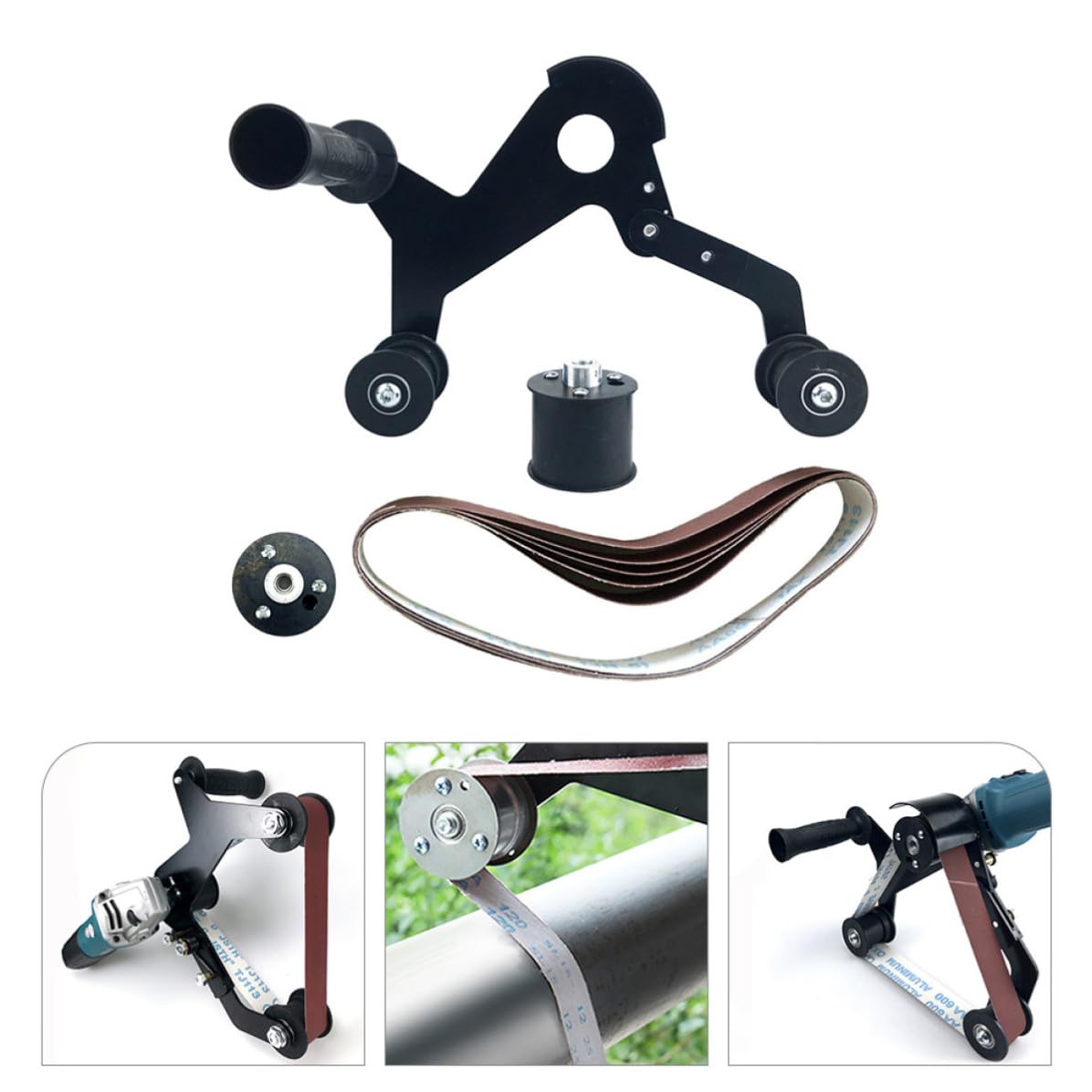 Accesorio de Lijado de Tubos para Lijadora de Banda, 1 Set Negro | Hierro, Goma y Lija, Uniformidad Alta de Pulido, Uso Sencillo para Trabajos de Madera
