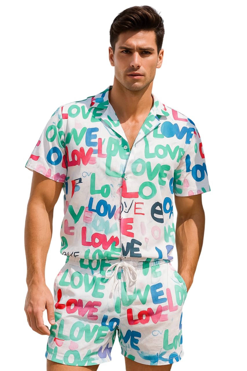 Men’s Printed Co-Ord Set | Plus Size Casual Shirt & Shorts Set | Nightwear Pajama Suit, Loungewear, Beachwear & Vacation Outfit Design No NS Love Green-picture-33
