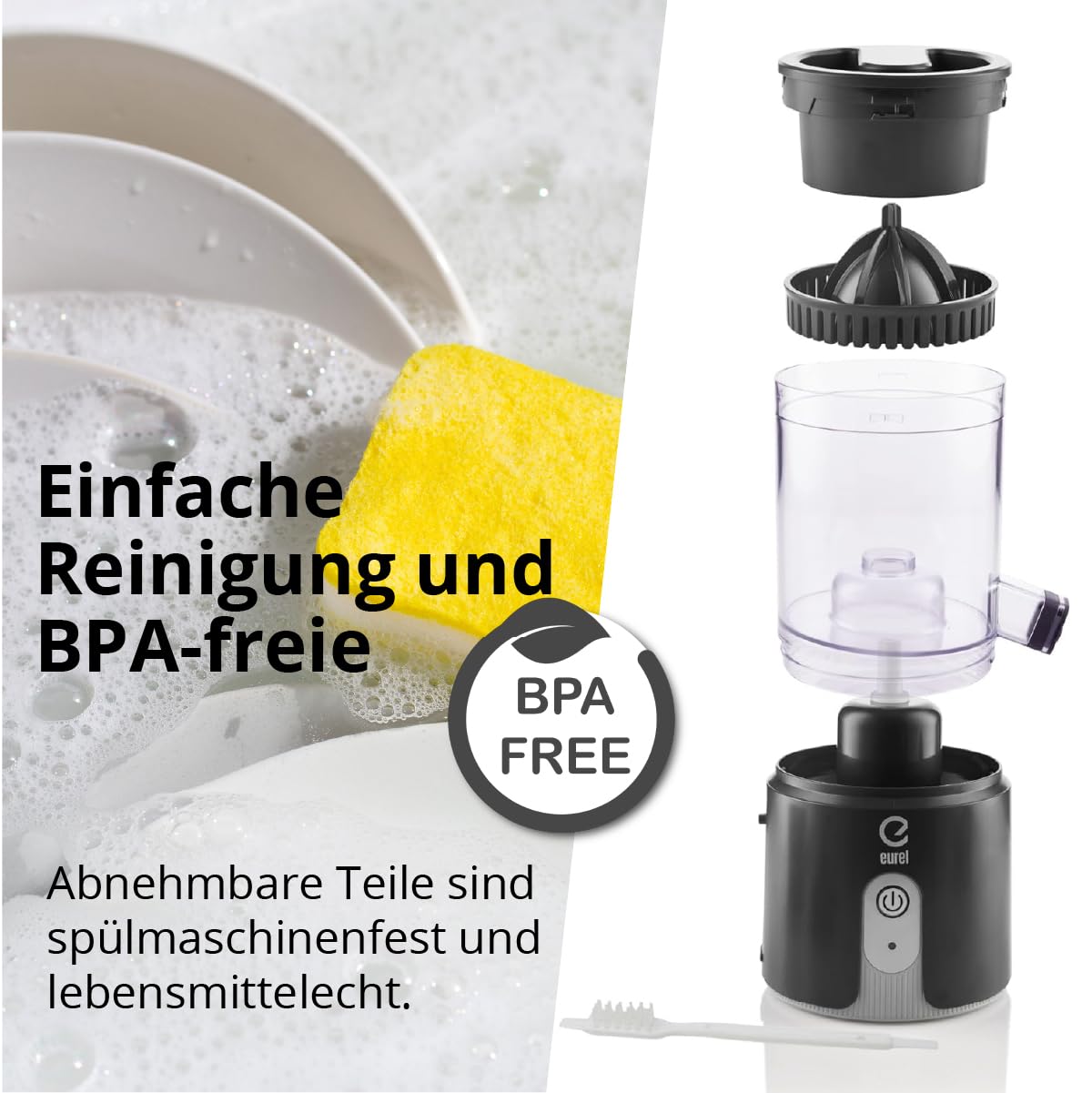 EUREL OA42 Elektrische Zitruspresse – Kabellose Zitronenpresse mit Akku – Saftpresse elektrisch für Zitrusfrüchte, BPA-frei, Schwarz