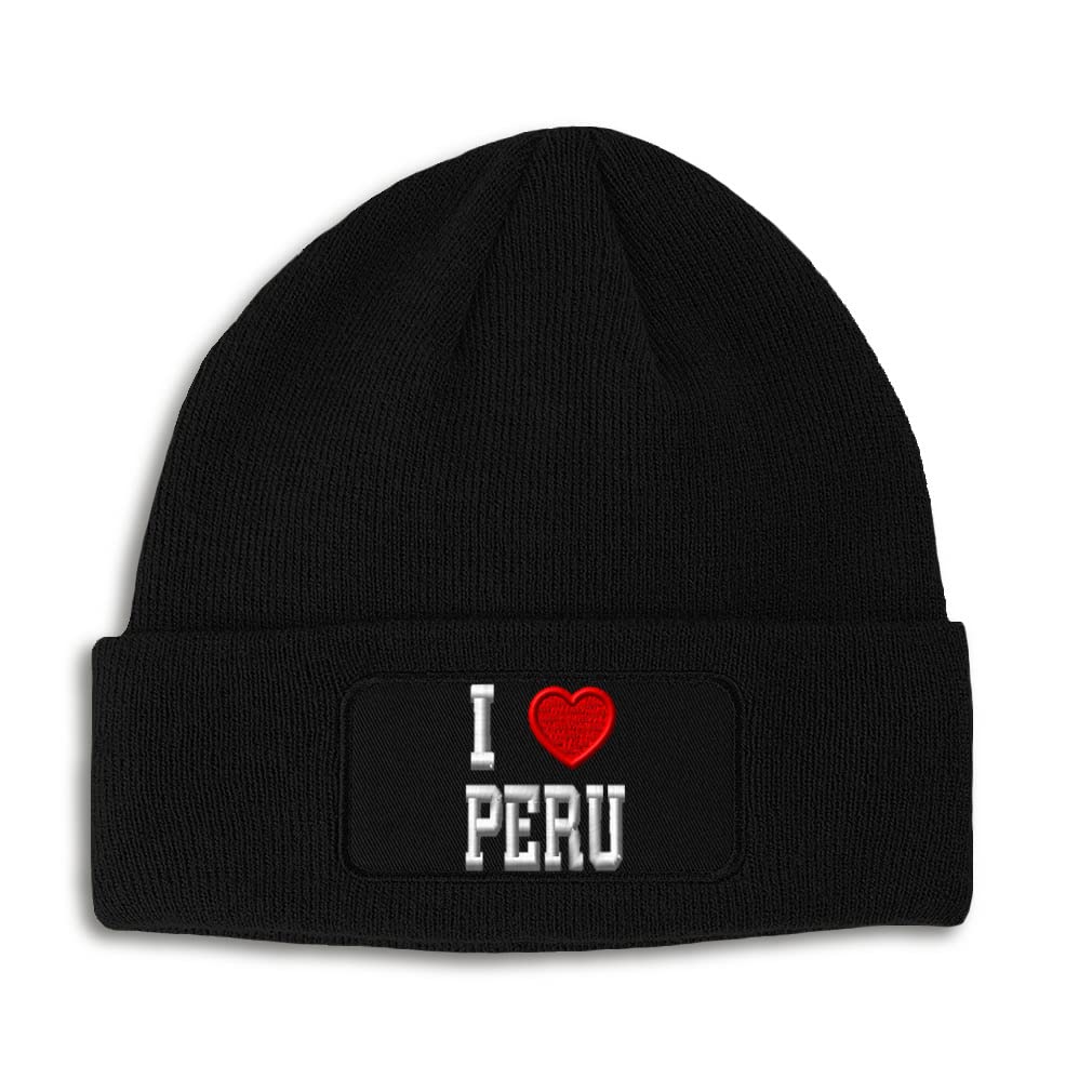 Patch Beanie for Men & Women I Love Peru I Love I Heart Flag Winter Hats Acrylic Skull Cap Hats 1 Size Black