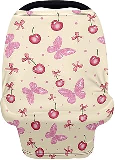Biyejit Butterfly Cherry Print Baby Car Seat Covers Girls, Little Sister Car Seat Canopy for Infant, Multiuse Nursing Covers, Newborn Carrier Cover Summer, Breastfeeding Scarf, Ultra-Soft Breathable