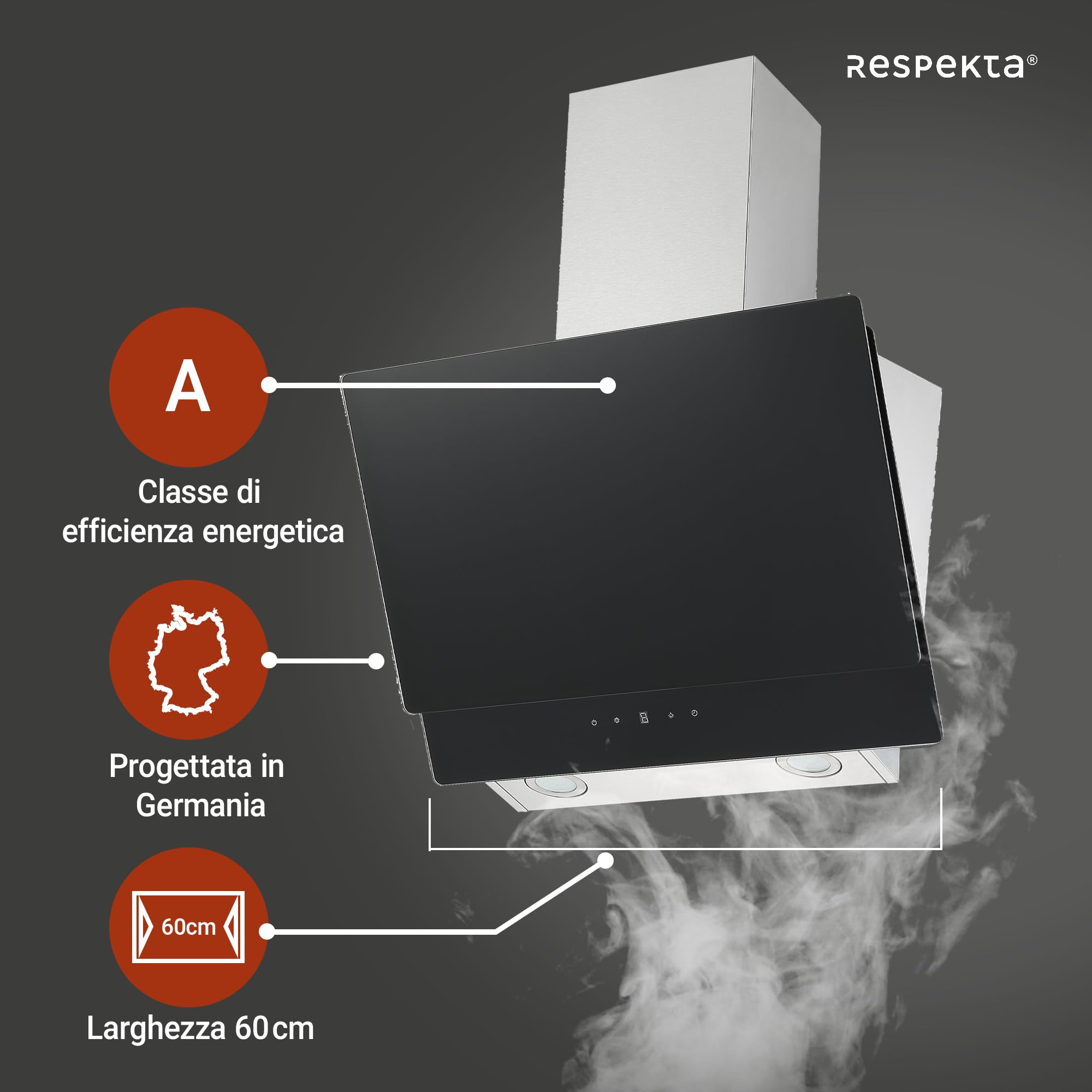 Respekta Cappa Cucina Inclinata Con Spazio Per La Testa, Cappa Cucina Verticale 60 Cm, Scocca In Acciaio Inox Con Vetro Bianco, Funzione Di Scarico E Ricircolo, CH77060SA, A, 53–66 Db