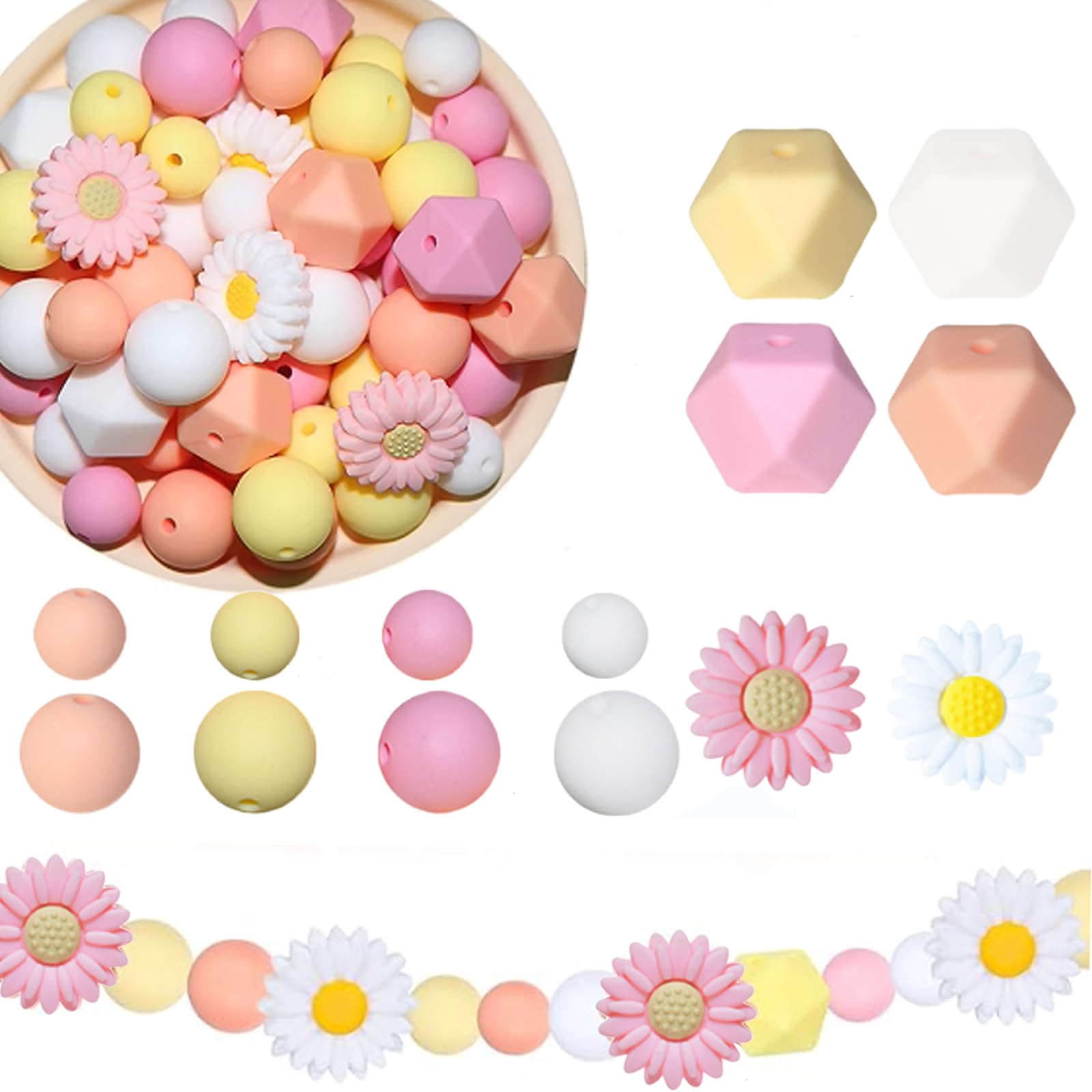 100 Pieces Colorful Silicone Beads, Daisy Silicone Beads, Floral Silicone Beads, with Nylon Rope, Used for DIY Necklace Bracelet Keychain Four Colors