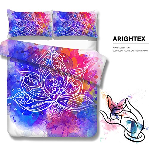 Arightex Boho Lotus Bedding 3D Watercolor Flowers Duvet Cover Rainbow Girls Bedding Set India Home Decor (Full) #TOP1