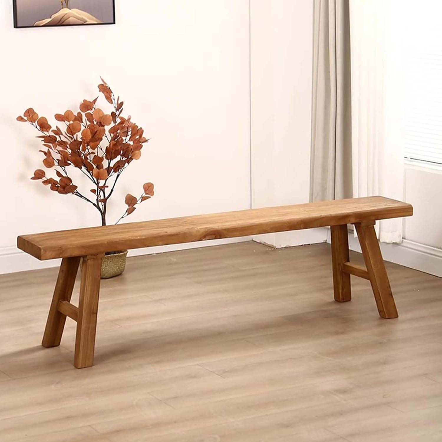 Long Dining Bench Wooden, Farmhouse Kitchen Bench, Rustic Handcraft End of Bed Bench with Rounded Corner for Living Room Entryway Bedroom(55x10.2x17.7in)