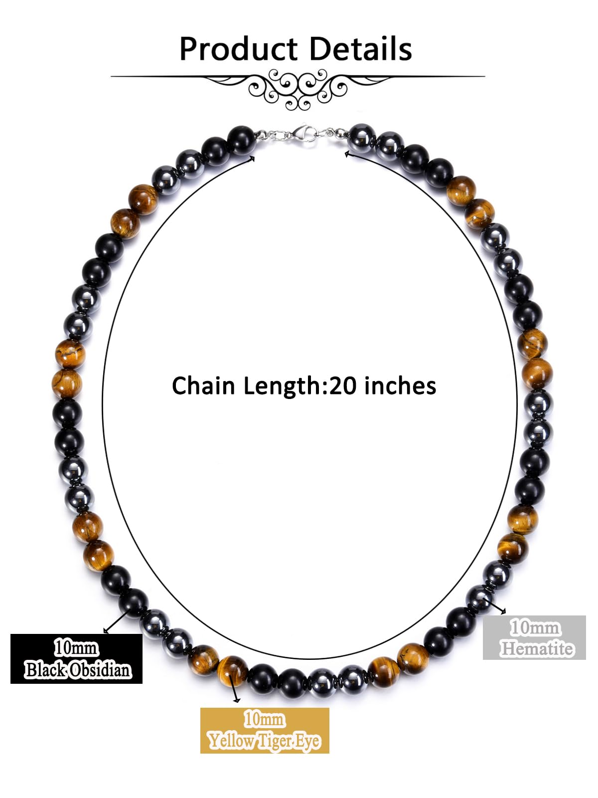 JSDDE Collier Perles en Pierres et Cristaux Naturelles pour Homme Femme Collier Triple Protection en Oeil de Tigre Obsidienne Hématite Pierres Précieuses Bijoux Amulette Cadeau Spirituel Anniversaire