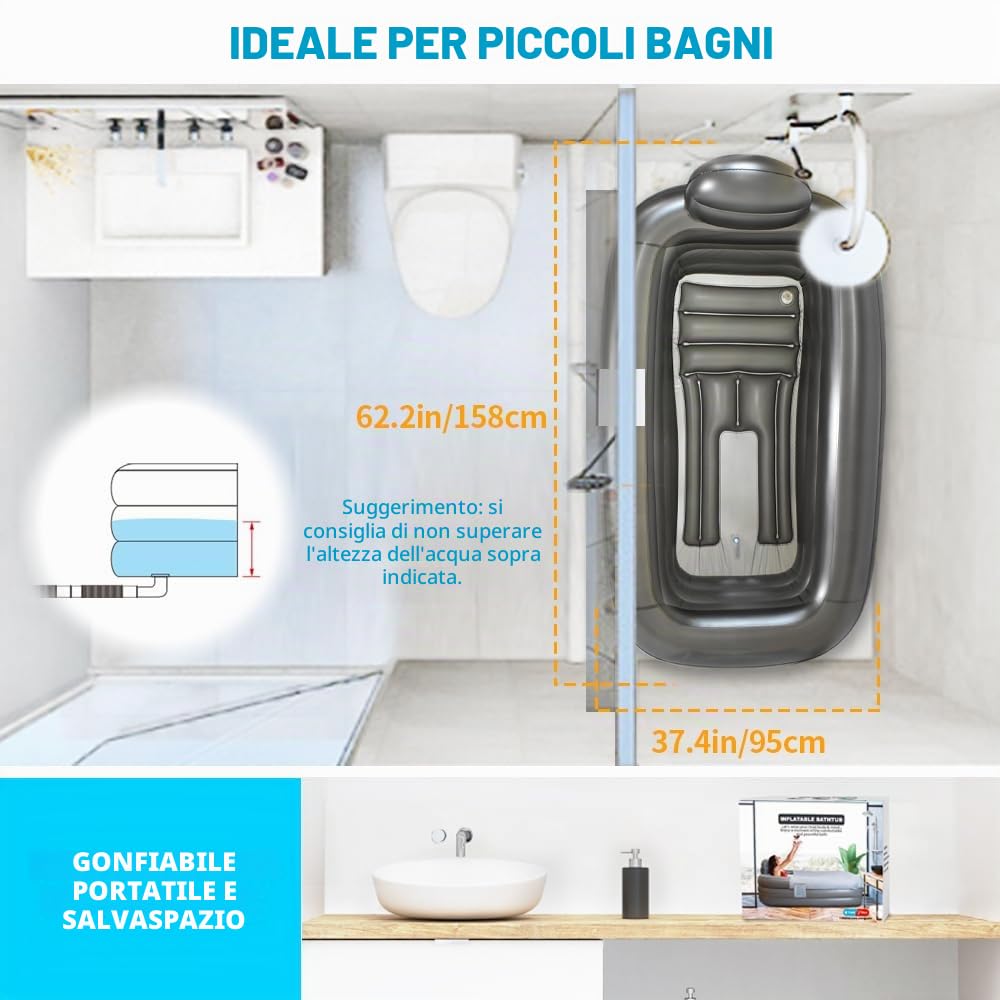Vasca da bagno portatile per adulti, vasca da bagno per atleti, vasca da bagno gonfiabile con pompa ad aria, facile da gonfiare, scarico, vasca da immersione fredda, vasca portatile per casa SPA