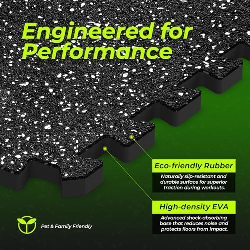 1/2in Thick 48 Sq Ft Rubber Top High Density EVA Foam Exercise Gym Mats Non-Slip 12 Pcs - Interlocking Puzzle Floor Tiles for Home Gym Heavy Workout Equipment Flooring - 24 x 24in Tile, Black & White