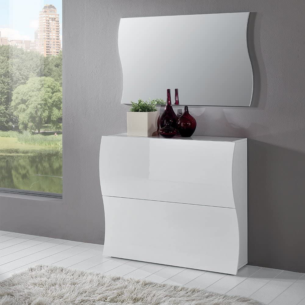 VE.CA Scarpiera Salvaspazio Funny in MDF Bianco Lucido, Made in Italy – Mobile Porta Scarpe Moderno fino a 16 Paia, Design Elegante – Montaggio Facile e Struttura Robusta (2 Ante)