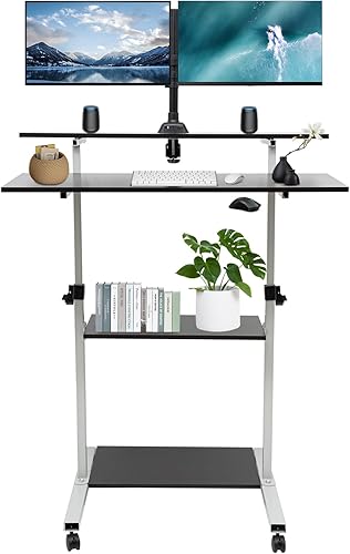 Miniatura 4 de Gdrasuya10 Escritorio de pie con soporte de monitor doble, altura ajustable, estación de trabajo para computadora portátil, podio, portátil, carrito