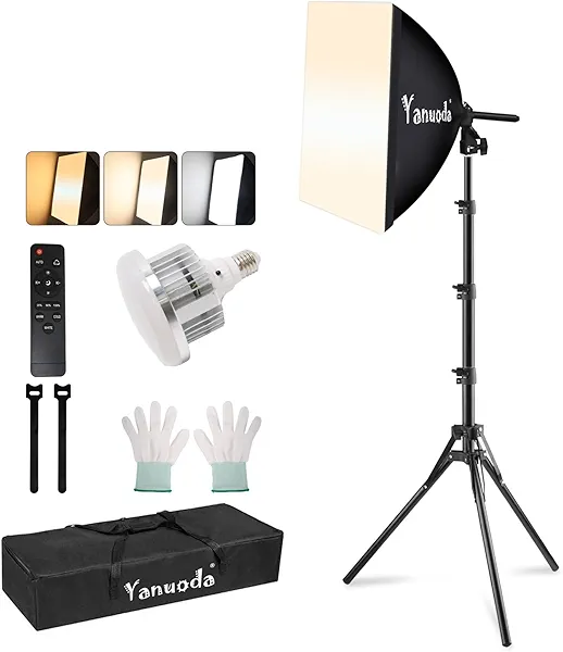 Yanuoda 16"x16" Softbox Lighting Kit with 95W LED Bulb (3000K-7500K Dimmable, CRI 97 & TLCI 97), Continuous Studio Light for Photography, Video Recording, Portrait Shoots, Live Stream, YouTube