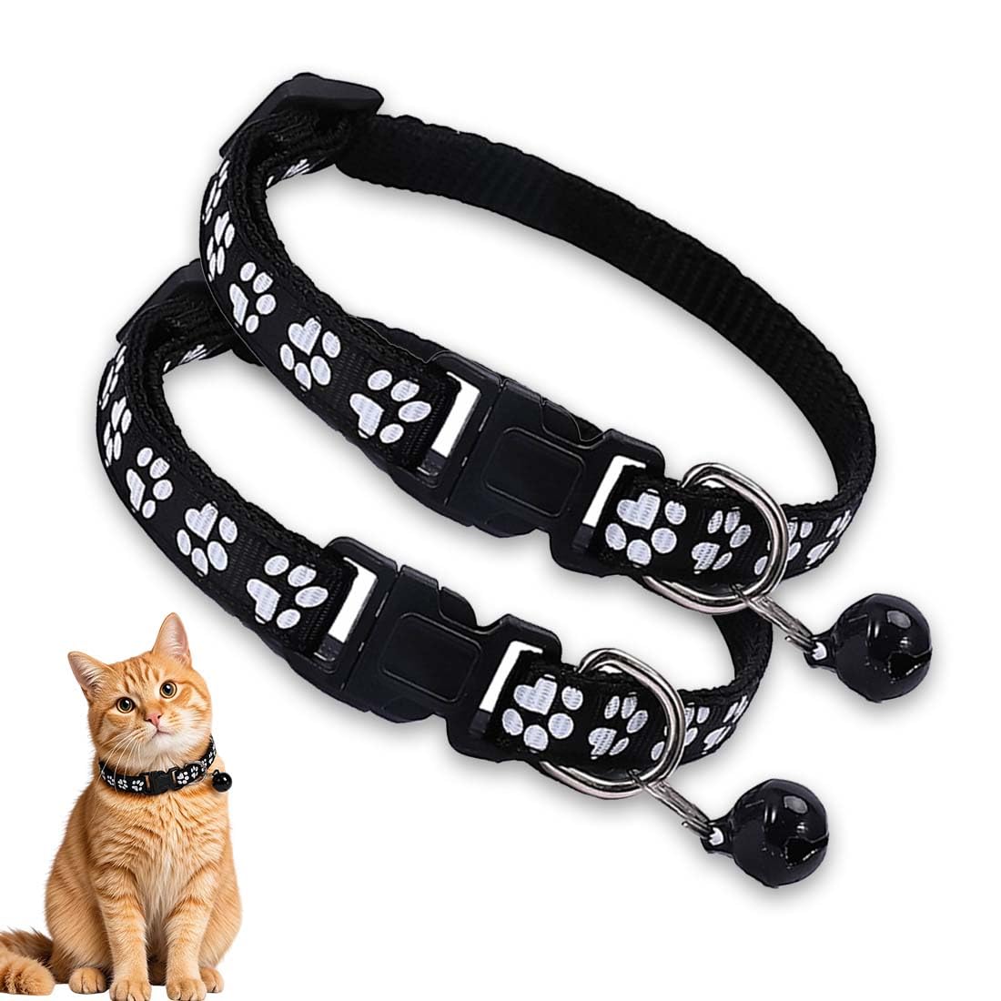 Collar Personalizado para Gato, 2 Unidades, Negro, con Cascabel, Hebilla Segura, Talla S Ajustable 19-32 Cm