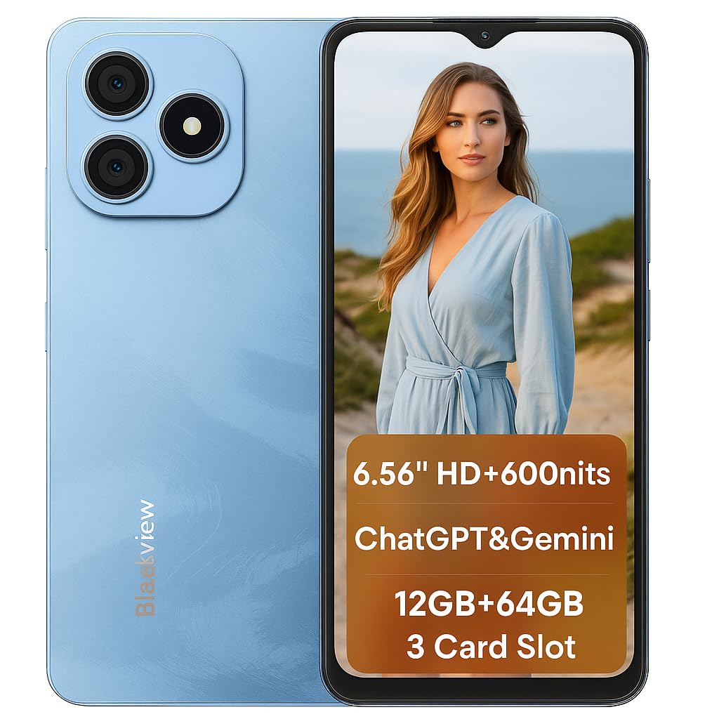 Blackview Wave 9C 4G AI Smartphone Offerte, 6,56'' 600nits Schermo, 12GB+64GB(2TB Esterna), 3 Assistenti Intelligenti IA, 13MP+8MP, 3 Slot per Schede, Android 15 DUAL SIM Cellulare Libero, GPS Blu
