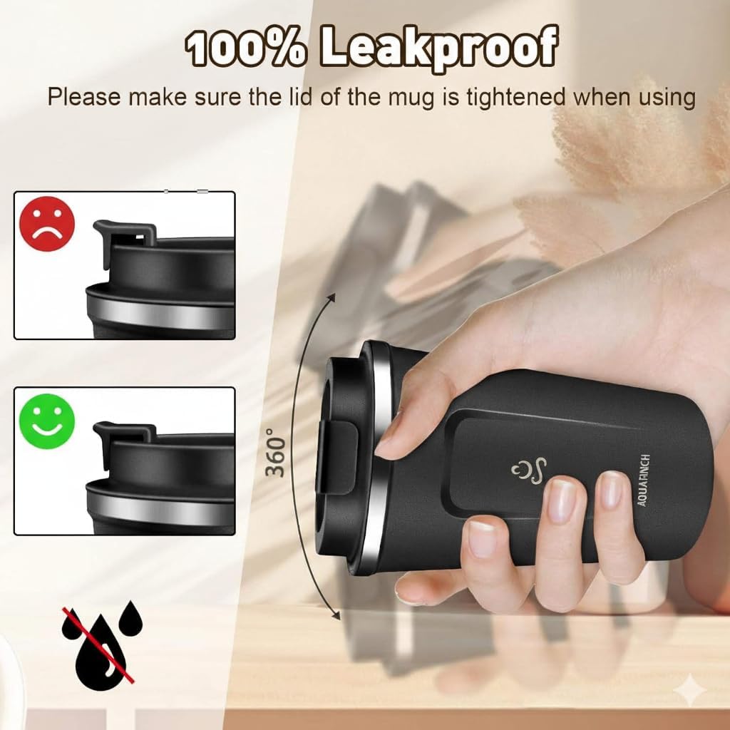 AQUAFINCH Reusable Coffee Cup, Coffee Travel Mug with Leak-proof Lid, Thermal Mug Double Walled Insulated Cup, Stainless Steel Portable Coffee Tumbler, for Hot and Cold Drinks(12 oz) (Black) - Image 2