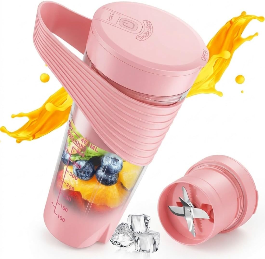 Portable Blender 600mL Personal Size Juicer Cup 150W Cordless Smoothie Maker Dual 2000mAh Battery USB Rechargeable Mini Fruit Shaker Mixer For Travel Sports Office,Pink-HD-07