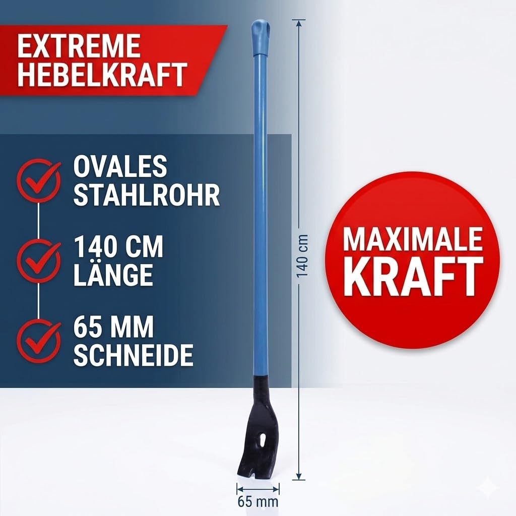 Hebe-/Brechstange 1400 mm blau – C45 Rundstahl, gehärtet, mit Nagelzieher/Nagelheber – Profi Hebe- und Brechwerkzeug für Handwerk, Bau & Renovierung