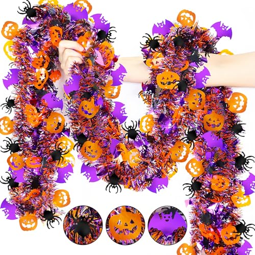 KUANINUNAR Halloween Decorations 50 FT Halloween Tinsel Garland with Orange Pumpkin Black Spider Purple Bat Hanging Tinsel Shiny Metallic Twist Garland for Tree Mantle Door Indoor Outdoor Party Decor