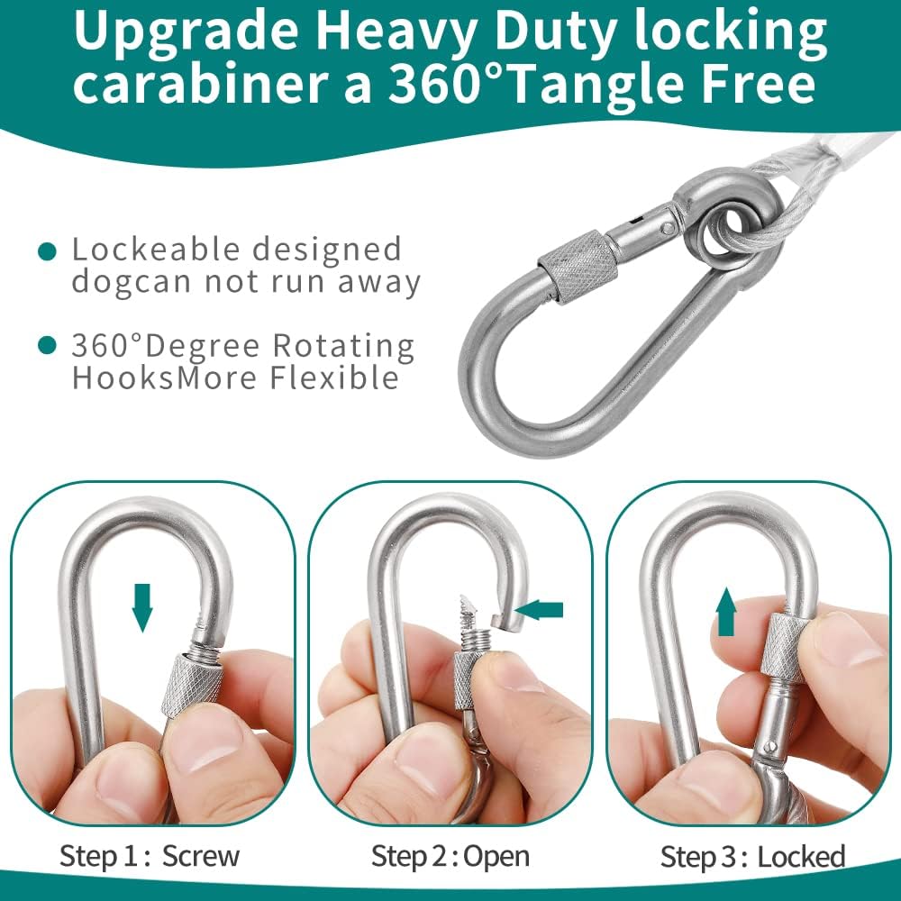 Dog Tie Out Cable, 10/15/20/30/40/50FT Cable with Swivel Hook and Shock Spring, Heavy Duty Leads for Yard, Outdoor and Camping, Dog Lead Runner (Silver, 100ft 120Ibs)