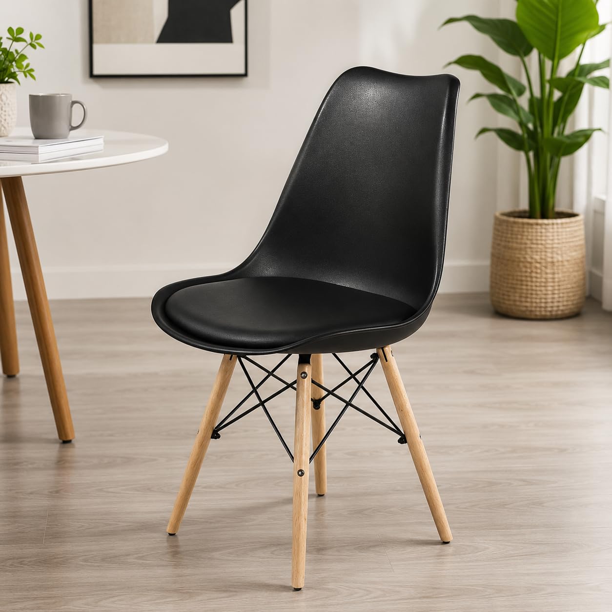 Modern DSW Dining Chair with Cushion Seat, Mid-Century Nordic Style Plastic Chair with Solid Wooden Legs for Dining Room, Living Room, Cafe & Office – Black-image-25
