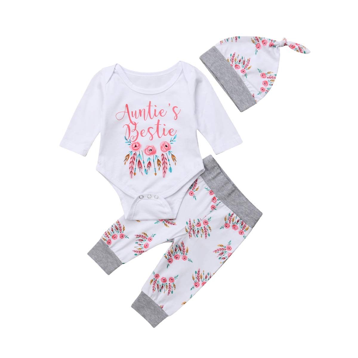 3pcs Newborn Baby Girls Pant Set Auntie's Bestie Romper Top + Floral Pants Clothing Set