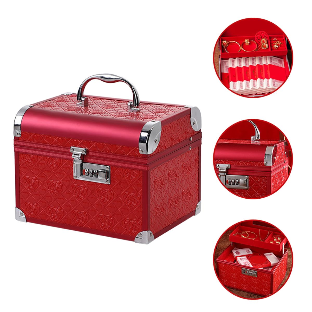 Boîte à Bijoux Rouge Élégante en Cuir Pu Serrure à Code, Coffret à Bijoux Vintage en Bois et Alliage D'aluminium, pour Mariage et Rangement Personnel