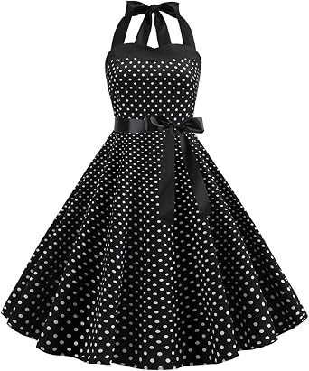 IKADEX Vintage Women 1950s Rockabilly Swing Dress Pinup 50s Retro Hepburn Style Halterneck A-Line Dresses
