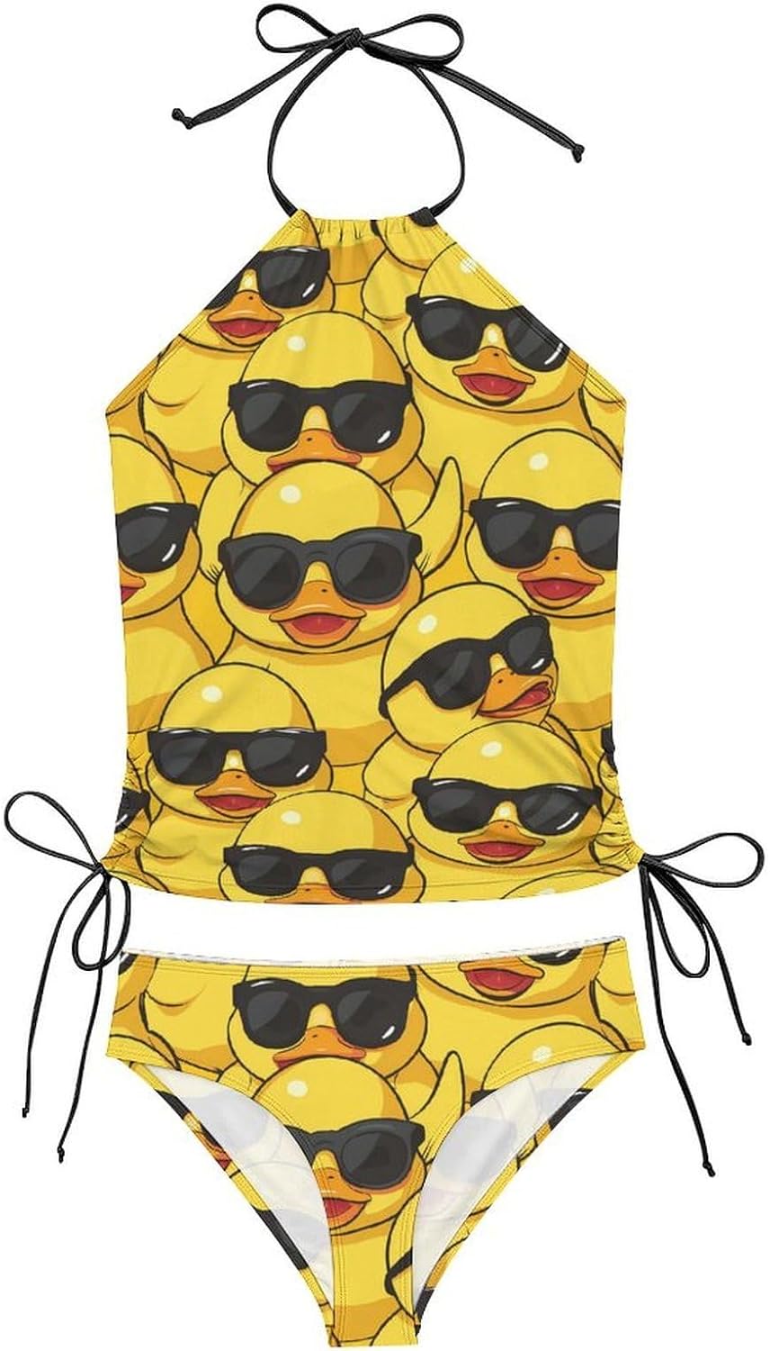 Yellow Duck with Glasses Novelty Women's Swimwear Set 2 Pcs Tankini String Swimsuits Bathing Suits
