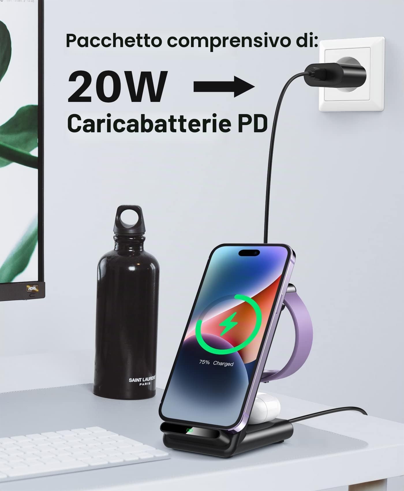 Caricatore wireless 3 in 1, Supporto di Ricarica per iPhone 17 16 Pro Max/17 Air/16e/15 14 13 12 11 Serie/XS/8, Stazione di Ricarica Wireless per Apple Watch Ultra 11 10 9 8 7 6 SE 5 4, Air Pods Pro 3