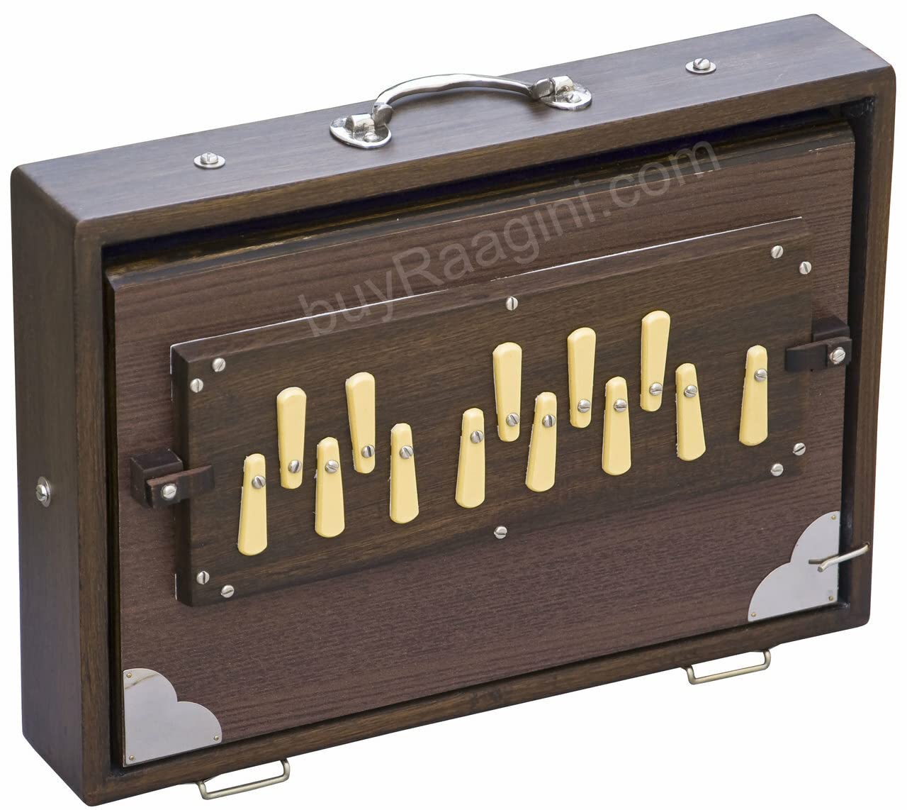 Shruti Box Instrument, Maharaja Musicals, klein, 33 x 9,5 x 7,6 cm, blemished, mit Tasche, Walnussfarbe, 13 Noten, Sur Peti Surpeti, indisches Musikinstrument (PDI-FAH)