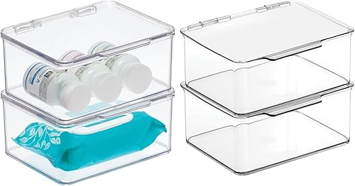 mDesign Caja organizadora de almacenamiento apilable de plástico para baño con tapa con bisagras para armario, estante, armario o tocador, sostiene