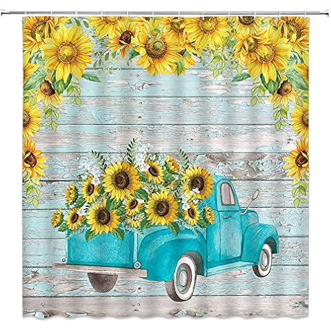WZFashion Teal Sunflowers Truck Shower Curtain Rustic Farm Vintage Retro Country Wooden Barn Board Yellow Floral Daisy Spring Fabric Bath Curtain with Hook Cover