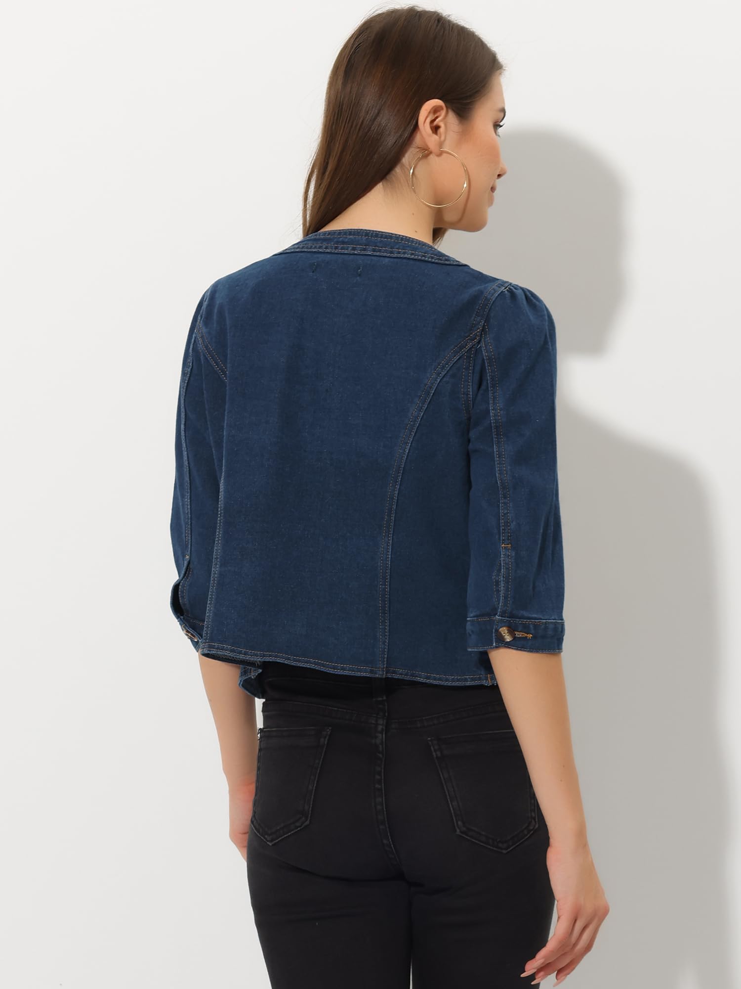 Allegra K Chaqueta Corta Mezclilla Mujer Sin Cuello Manga 3/4 Cárdigan Vaquero