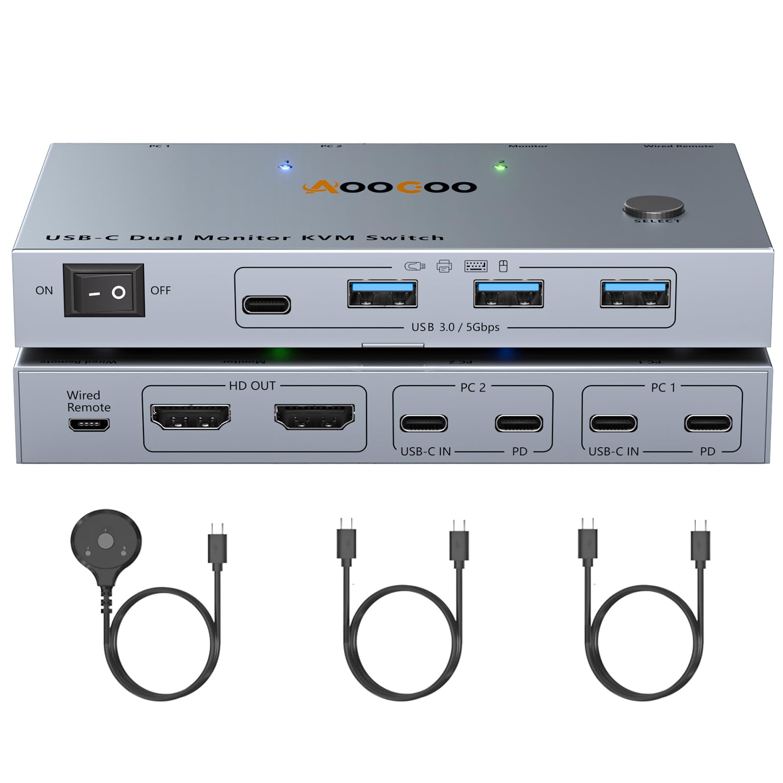 USB-C KVM Switch 2 Laptops 2 Monitors, 4K@60Hz Dual Monitor KVM Switch Sharing 2 Screens and 4 USB3.0 Devices, with 100W PD,Wired Remote Control and USB C Cables-image-32